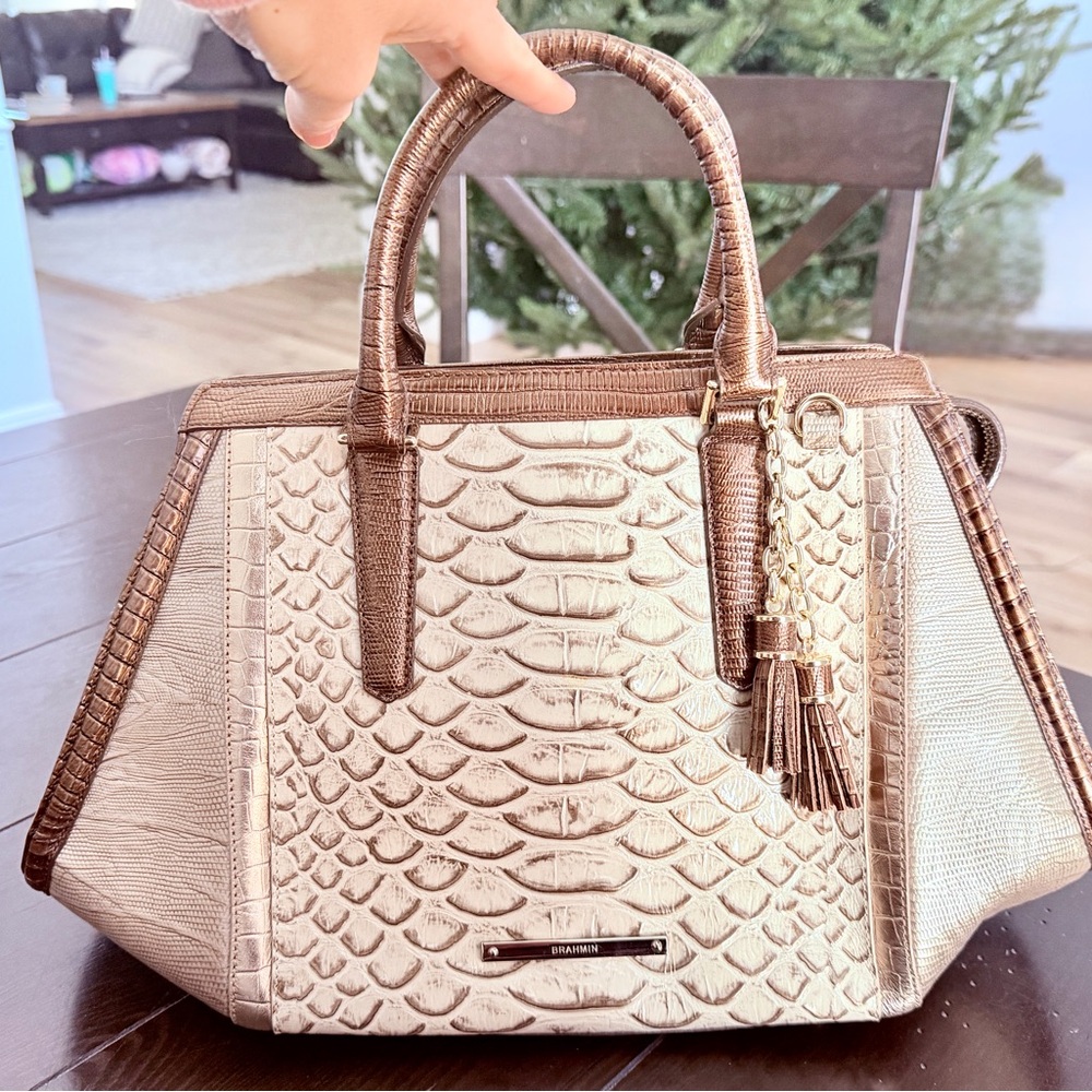 RARE Elegant Brahmin Arden Satchel in Cream and Brown Women's Handbag